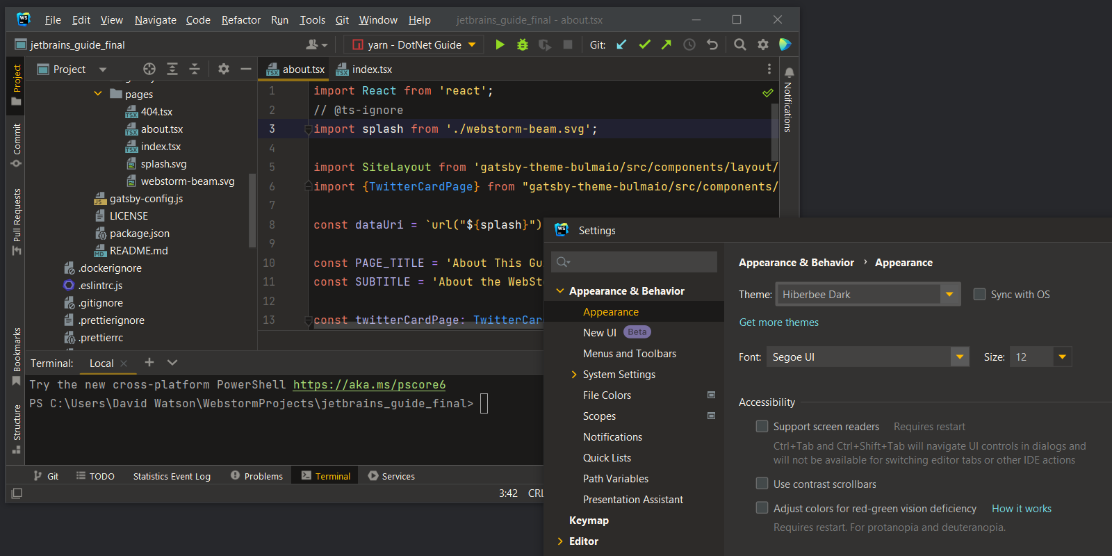 Example of the Hiberbee theme in WebStorm