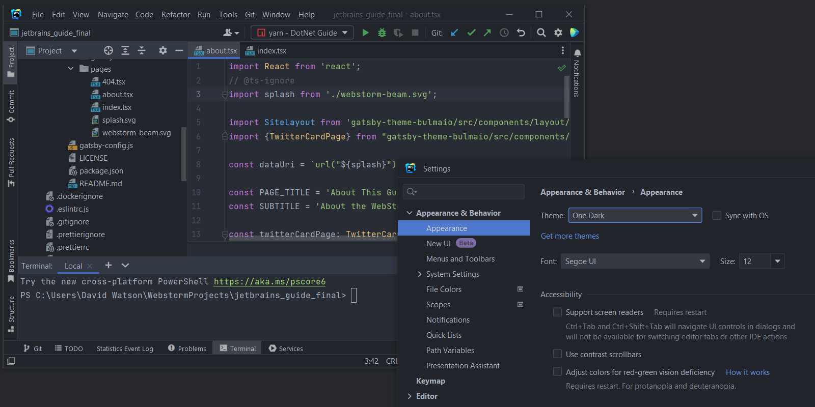 Example of the One Dark theme in WebStorm