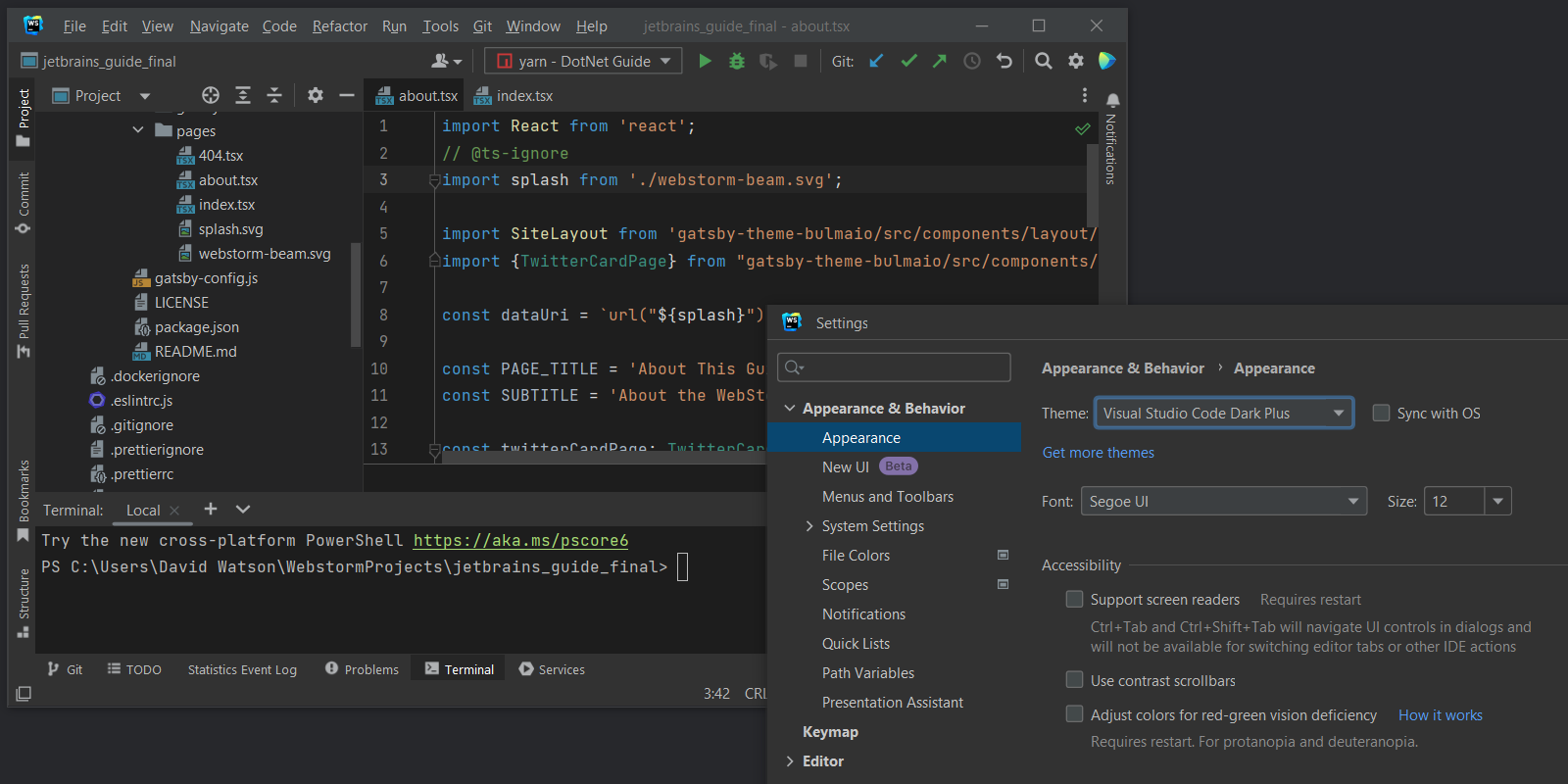 Example of the Visual Studio Dark Pro Plus theme in WebStorm