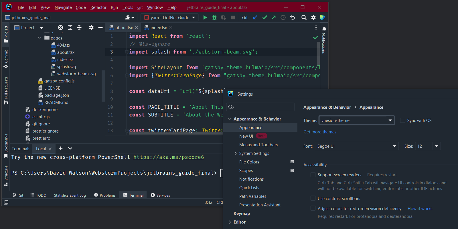 Example of the Vuesion theme in WebStorm