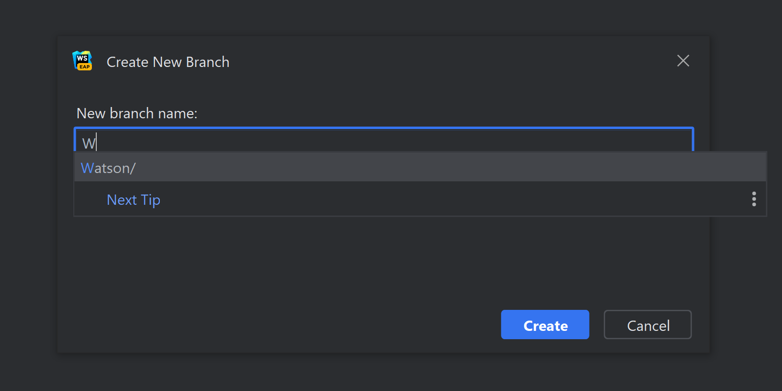 showing autocomplete in the create new branch