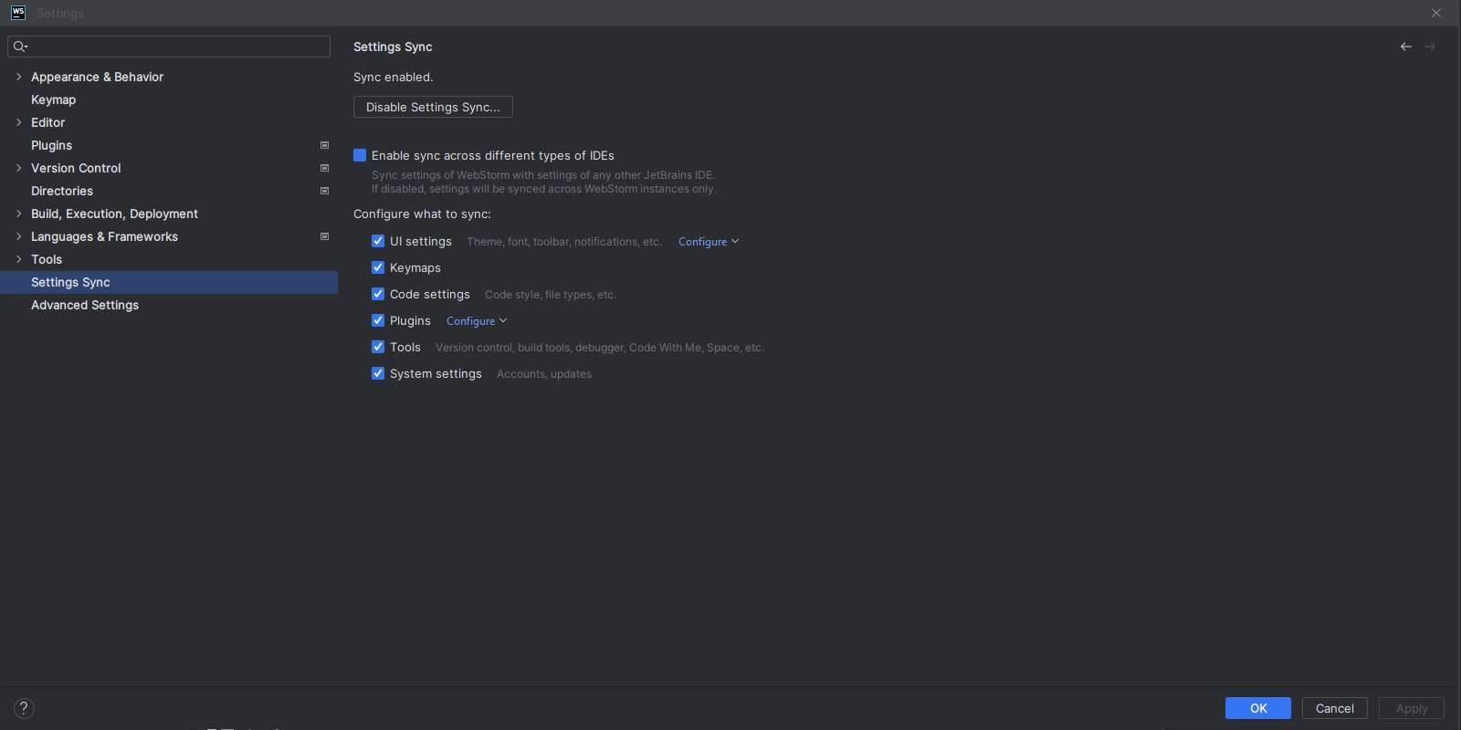 screenshot of the Settings Sync options in WebStorm