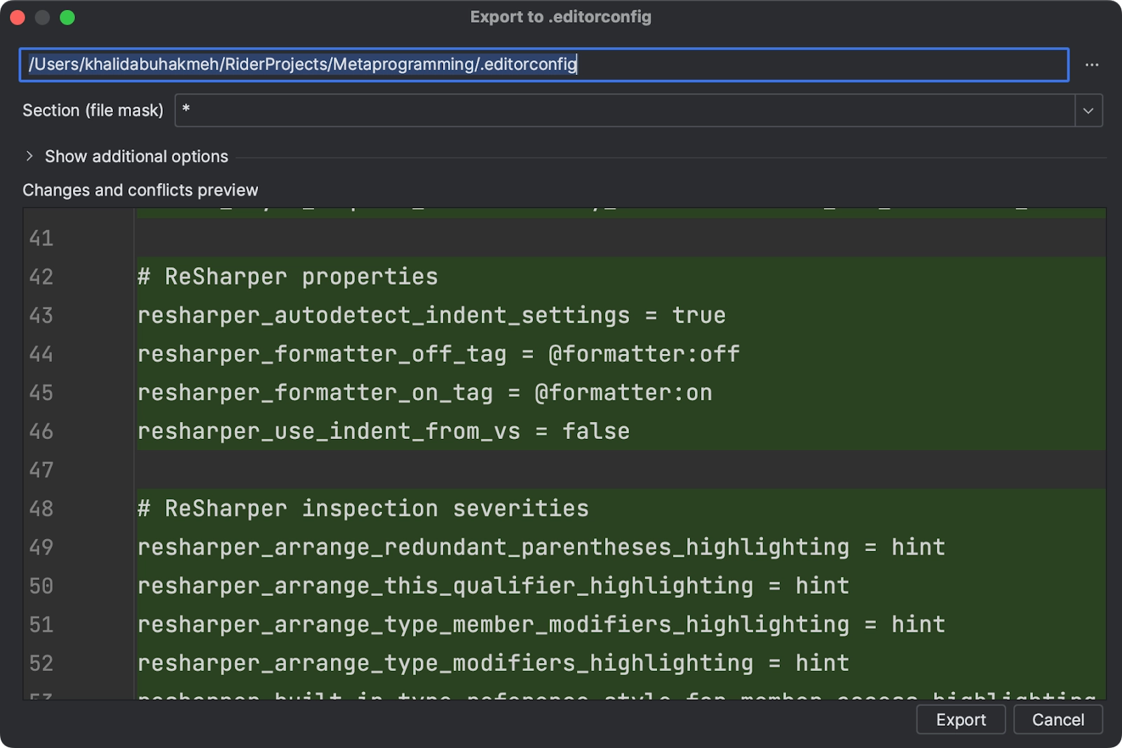 .editorconfig export dialog showing the contents of the possible file.