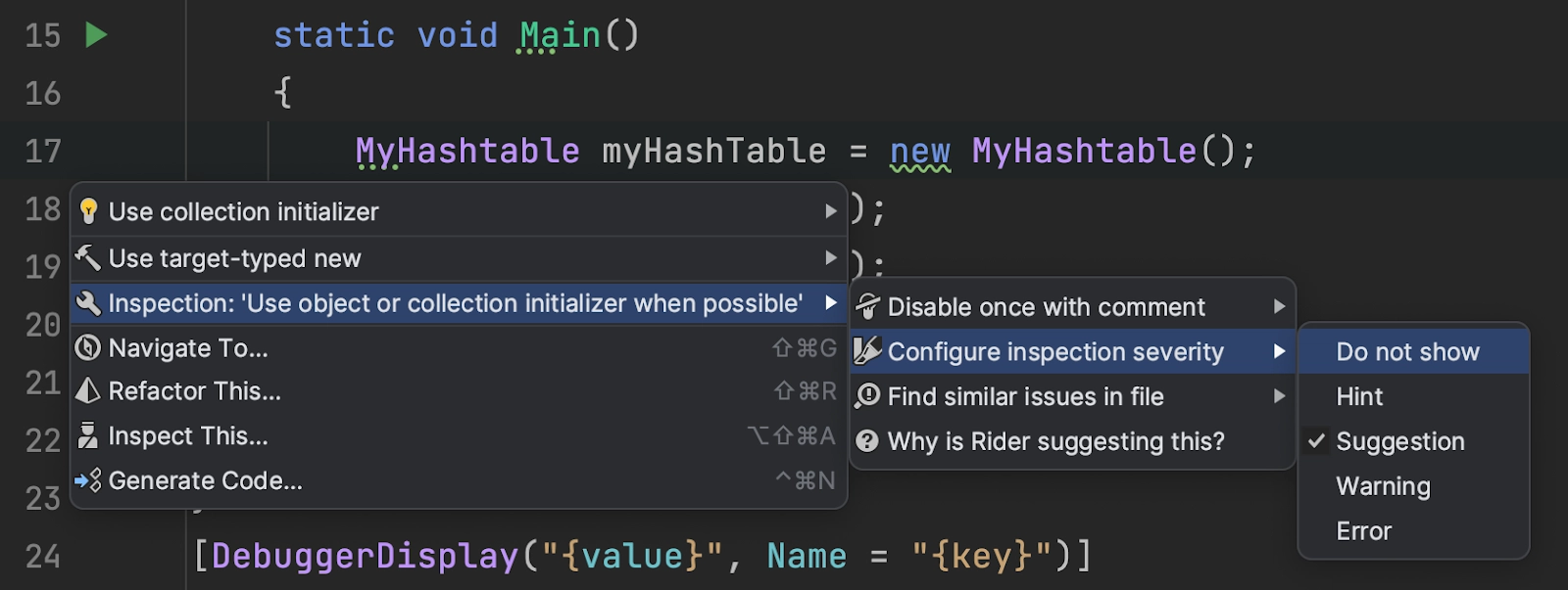 quick-fix menu showing how you can configure inspection severity