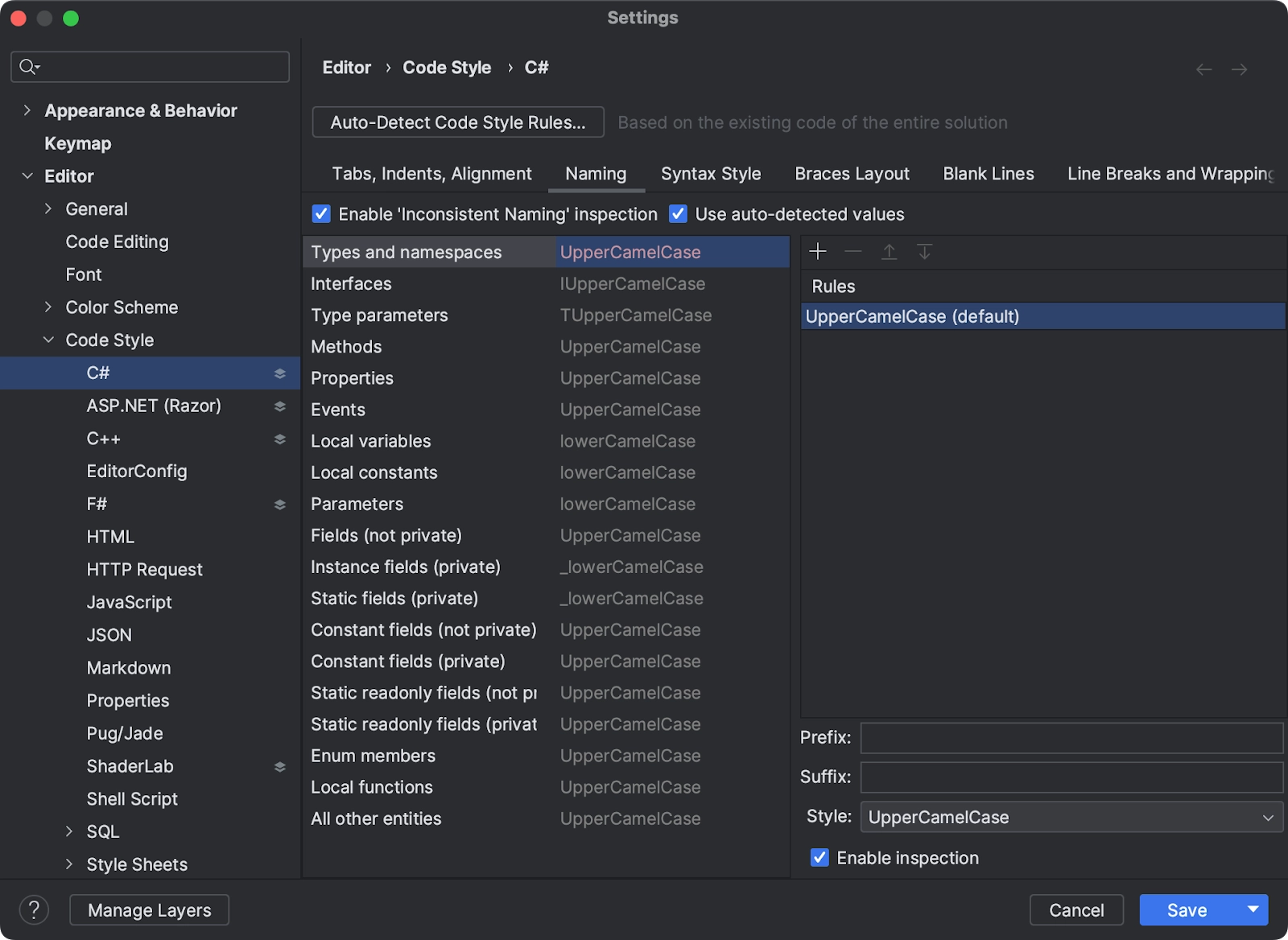 Settings screen with C# code styles showing