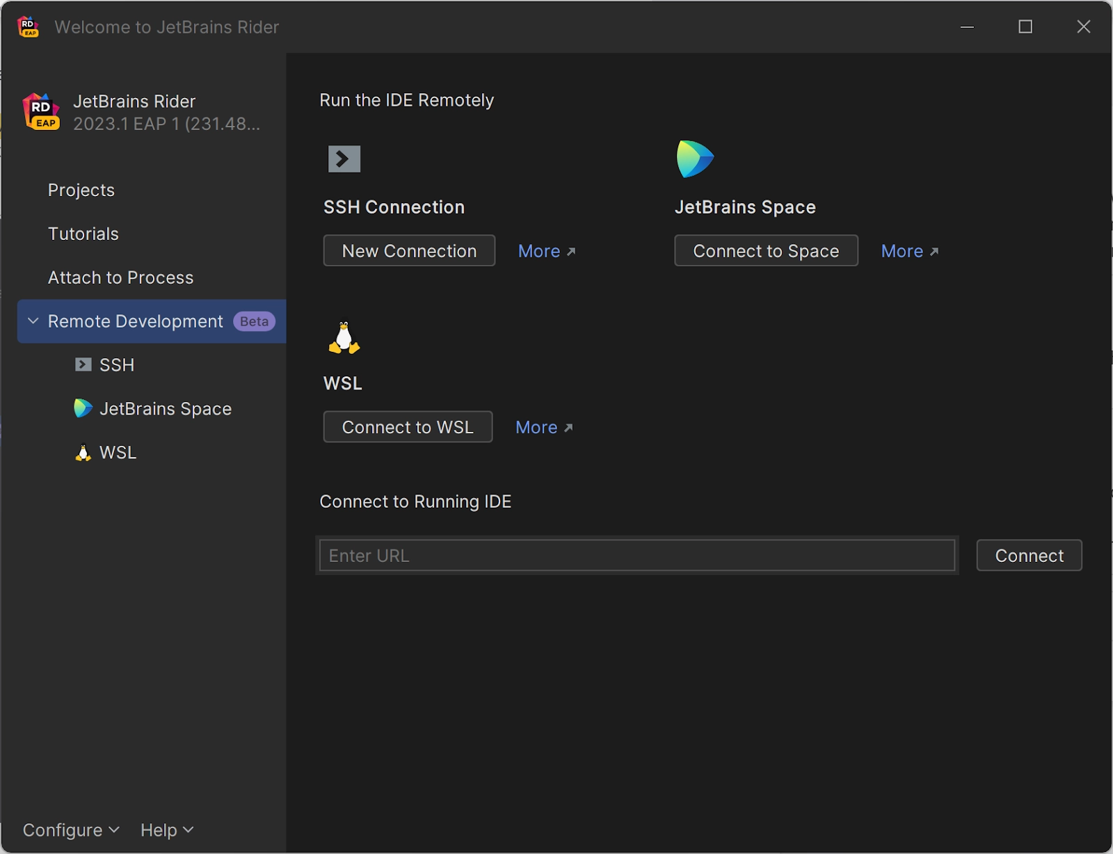 JetBrains Rider Welcome Screen showing Remote Development Beta and options for SSH, JetBrains Space, and WSL