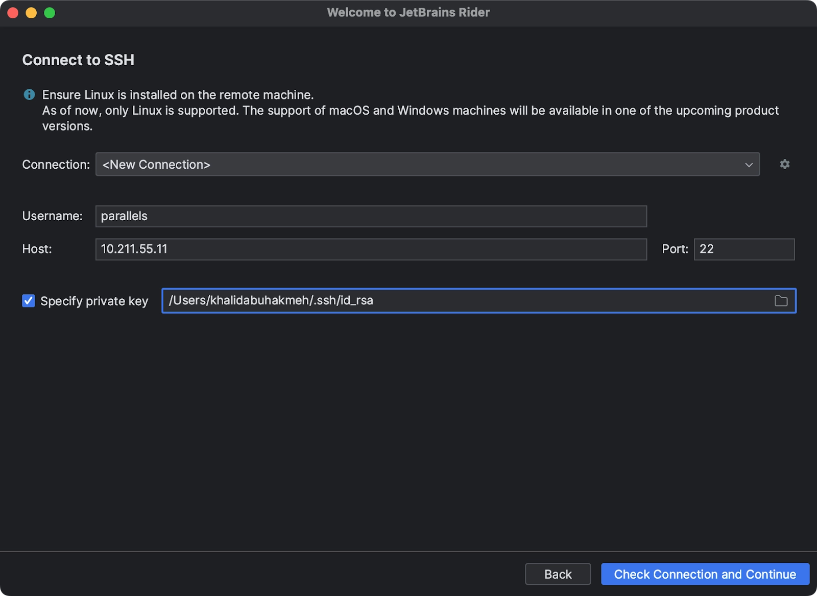 入力フィールドが表示された Connect to SSH（SSH に接続）画面