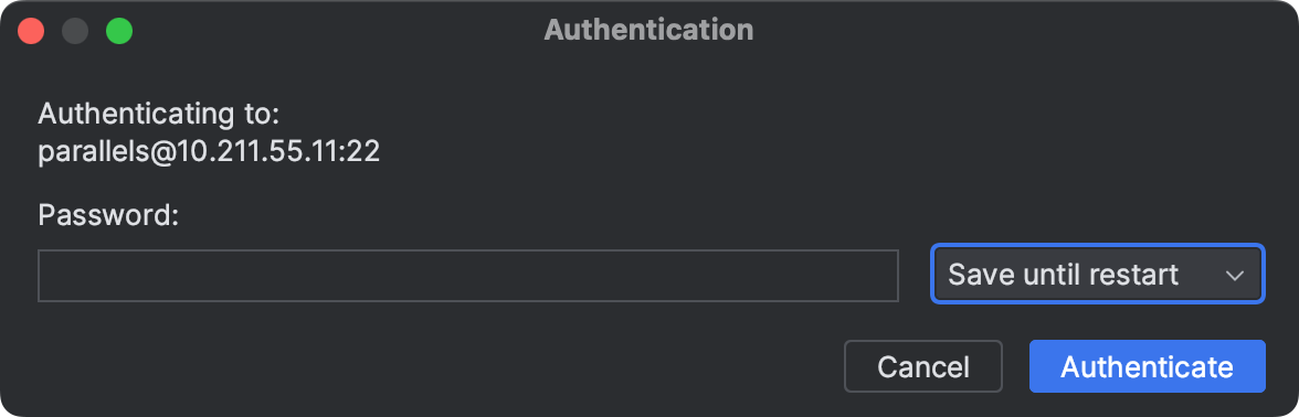 Authentication dialog for SSH Connection asking for password
