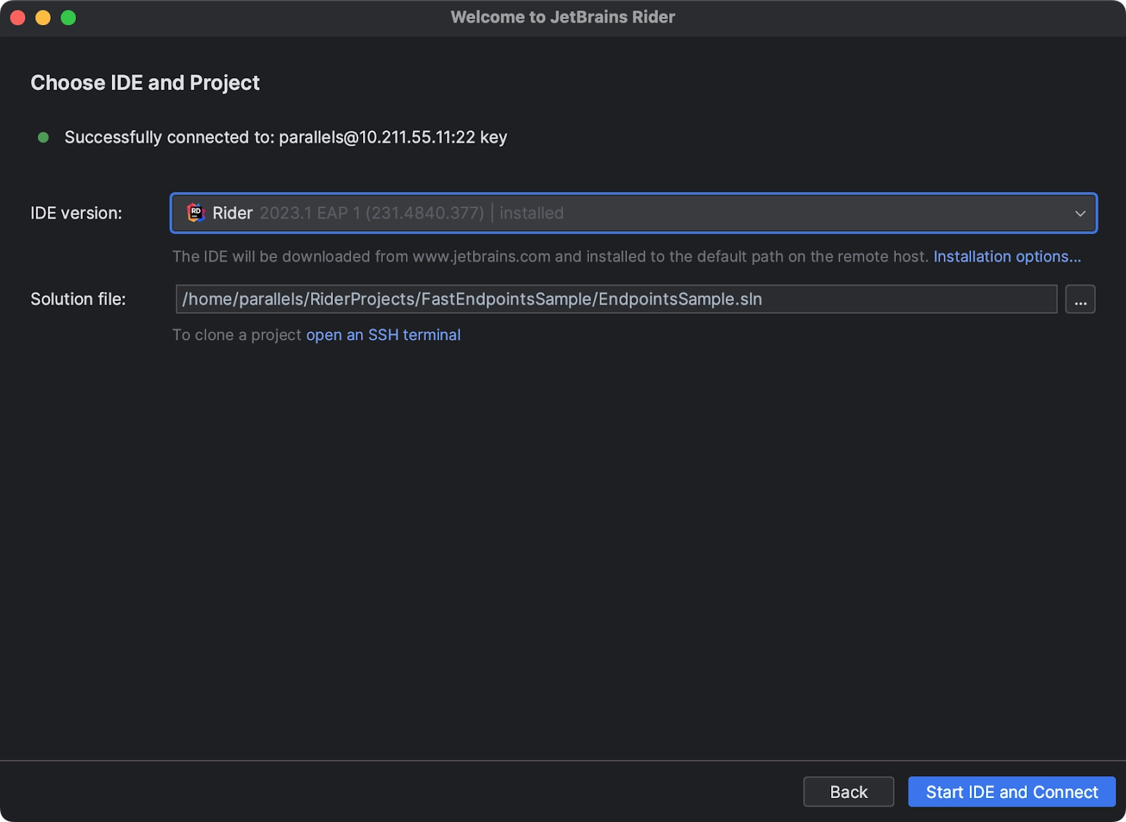 Choose IDE and Project dialog with Rider and solution file settings included.