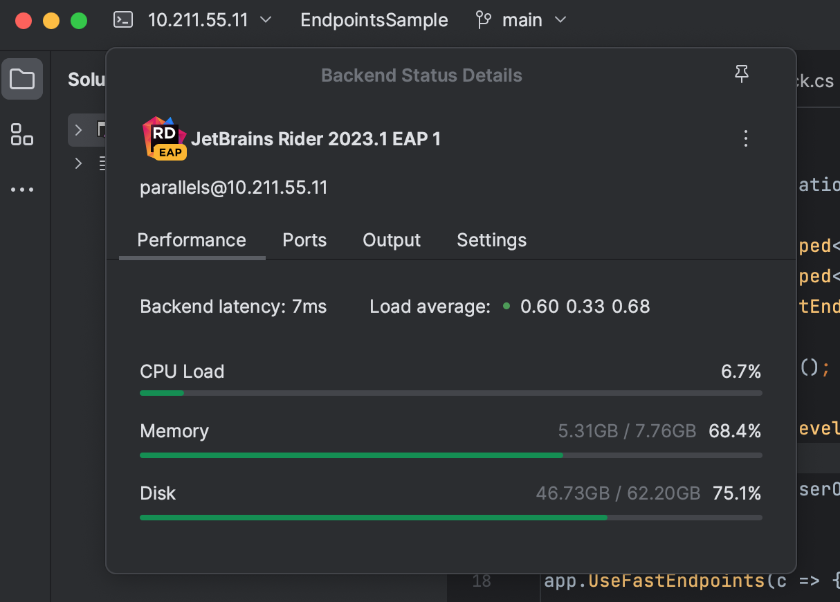 JetBrains Client Backend Status Details dialog showing backend metrics like CPU Load, Memory, and Disk utilization.
