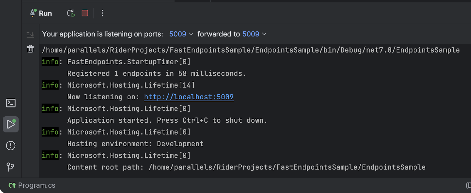 正在使用从远程服务器转发到本地环境的端口配置运行 ASP.NET Core。