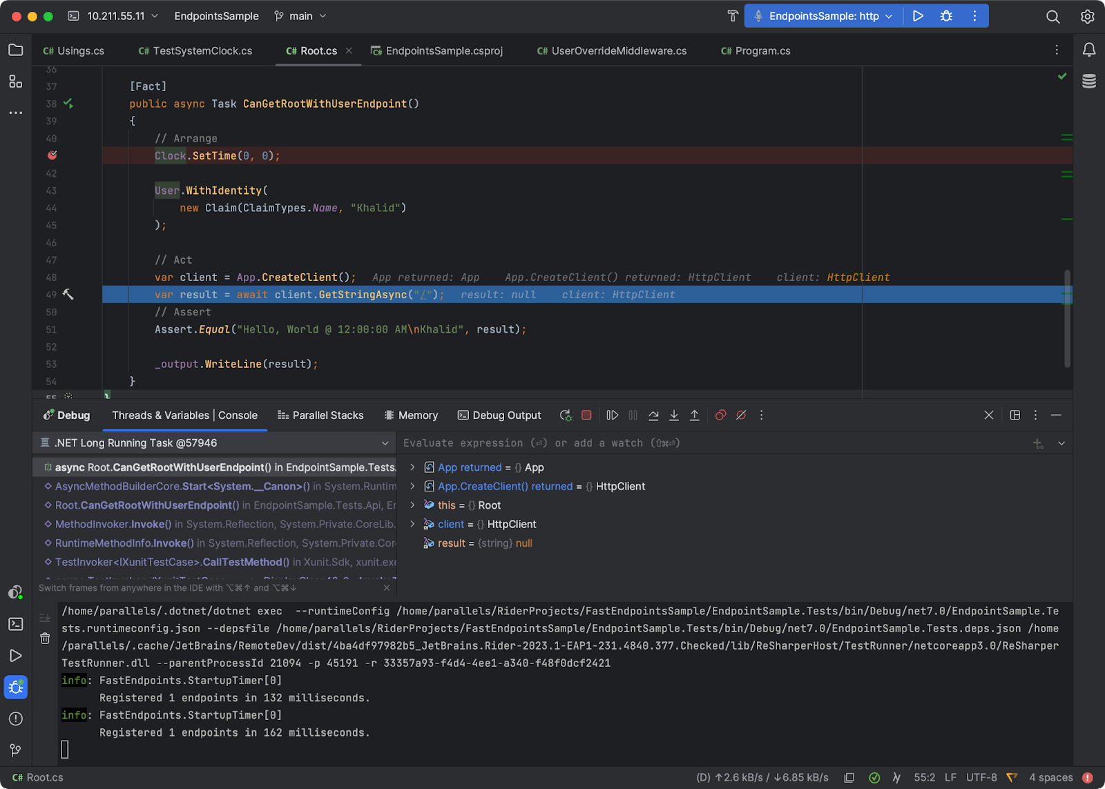 JetBrains 클라이언트 내에서 ASP.NET Core 유닛 테스트 디버그