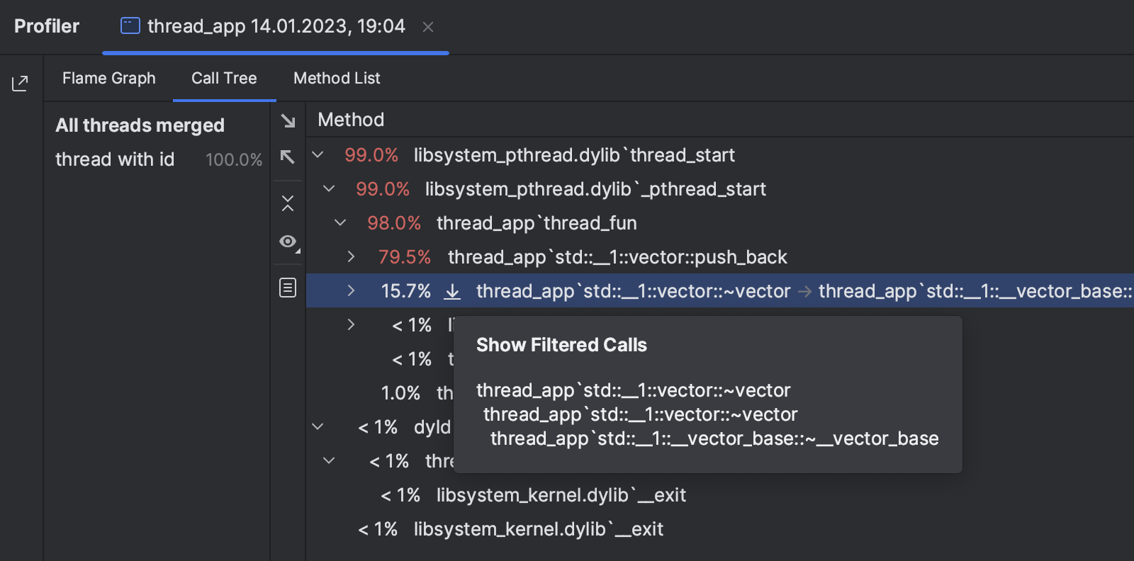 Profiler call tree