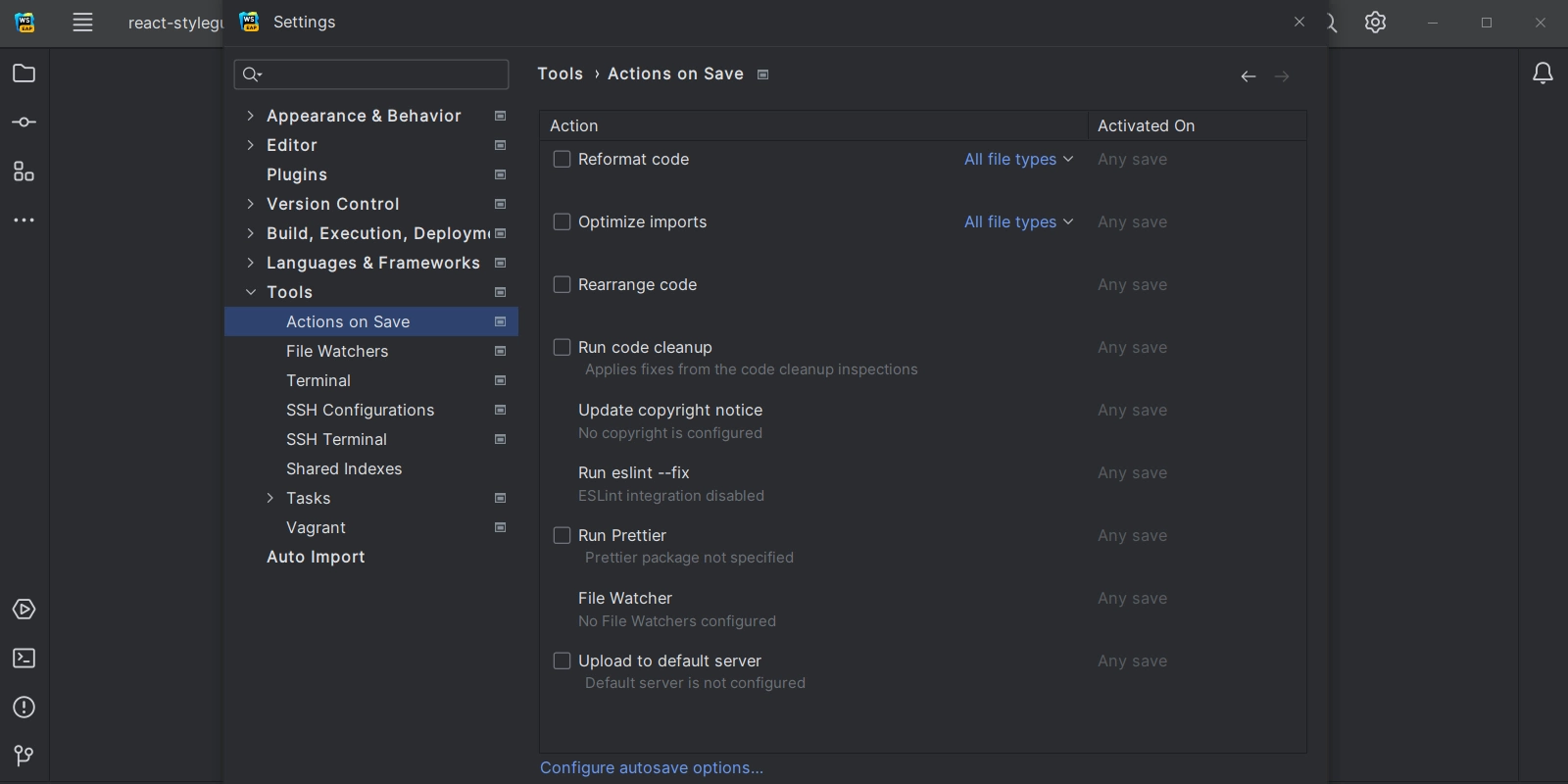 gif showing the settings in the IDE