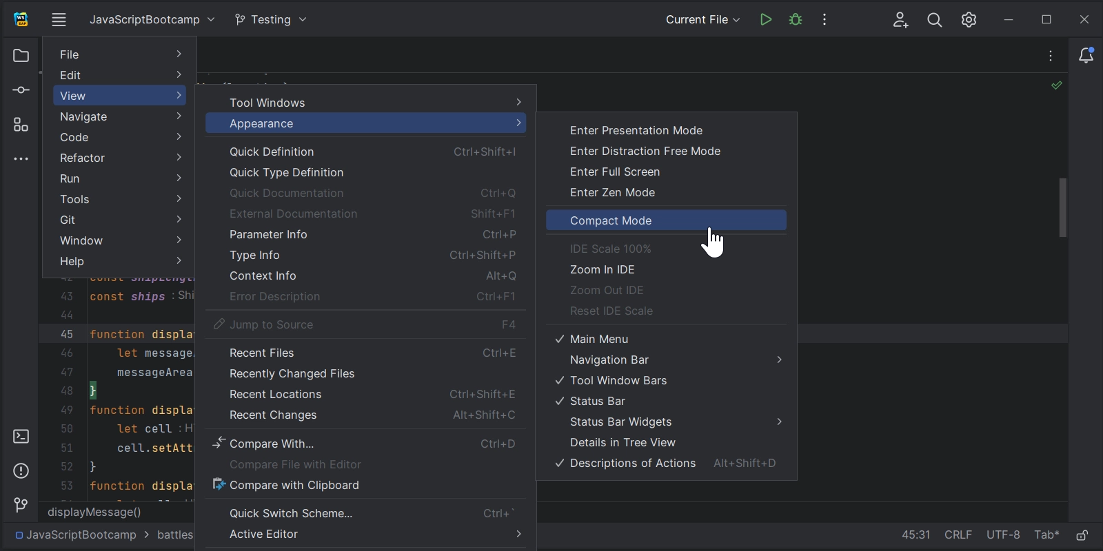 Demonstration of compact mode in WebStorm