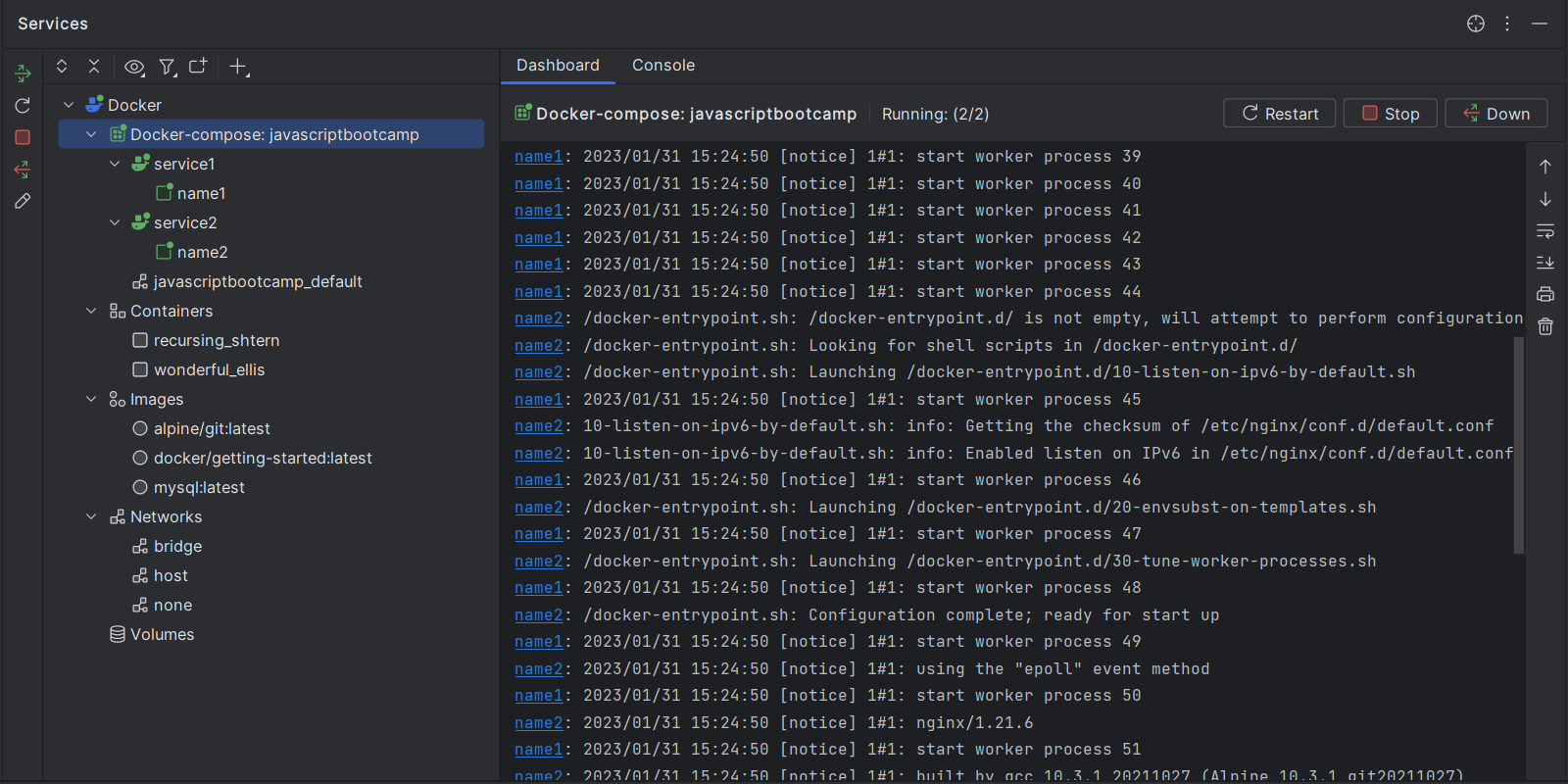 Showing the Docker compose merged logs 