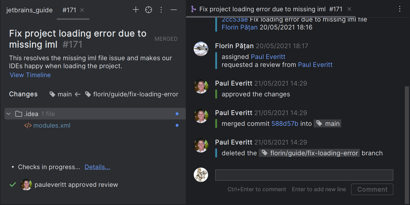 Showing the GitHub Pull Request Details view