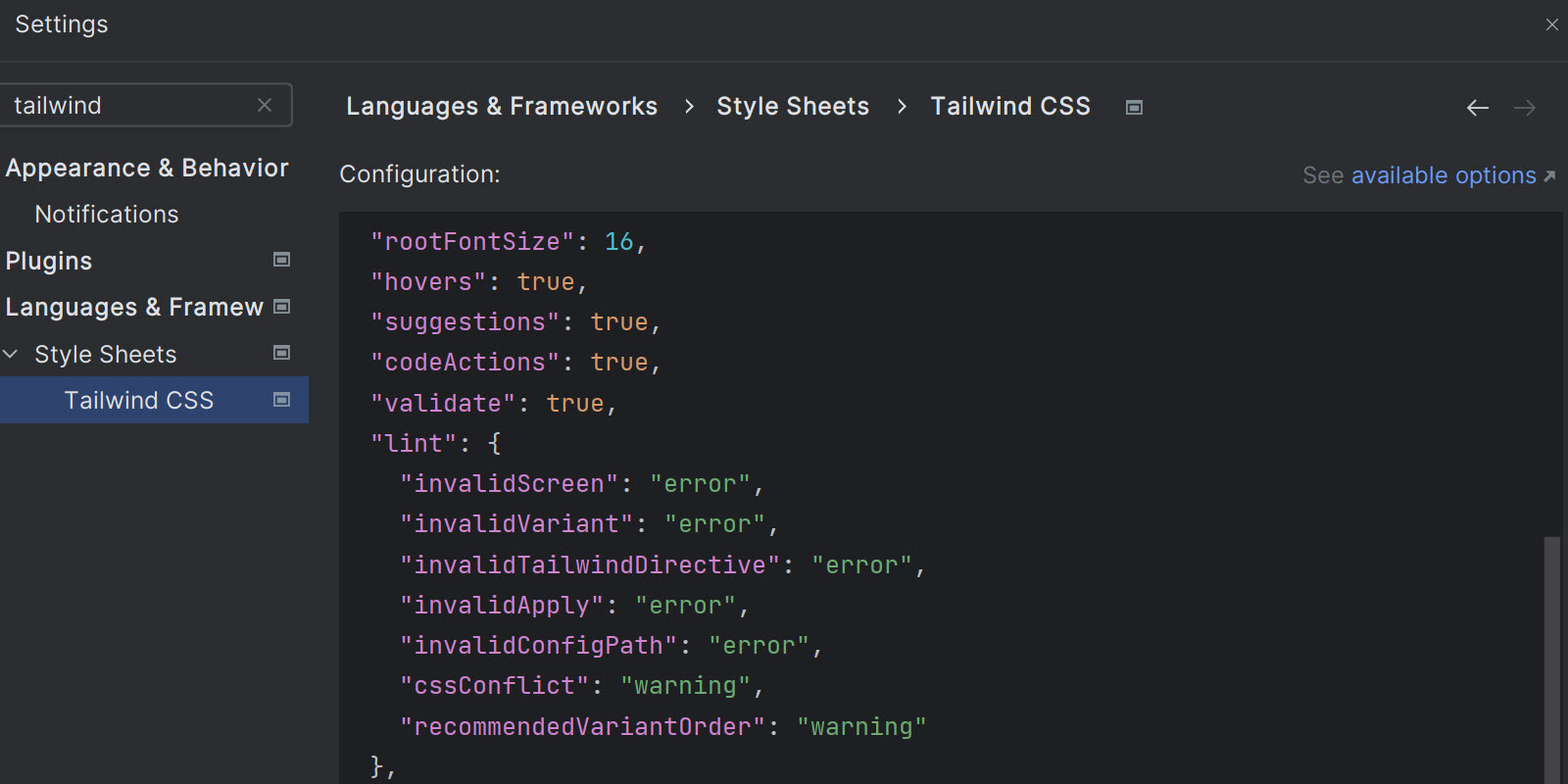 Tailwind CSS settings in the IDE