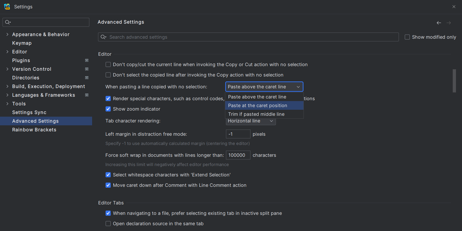 Showing the advanced settings for selecting the paste behavior