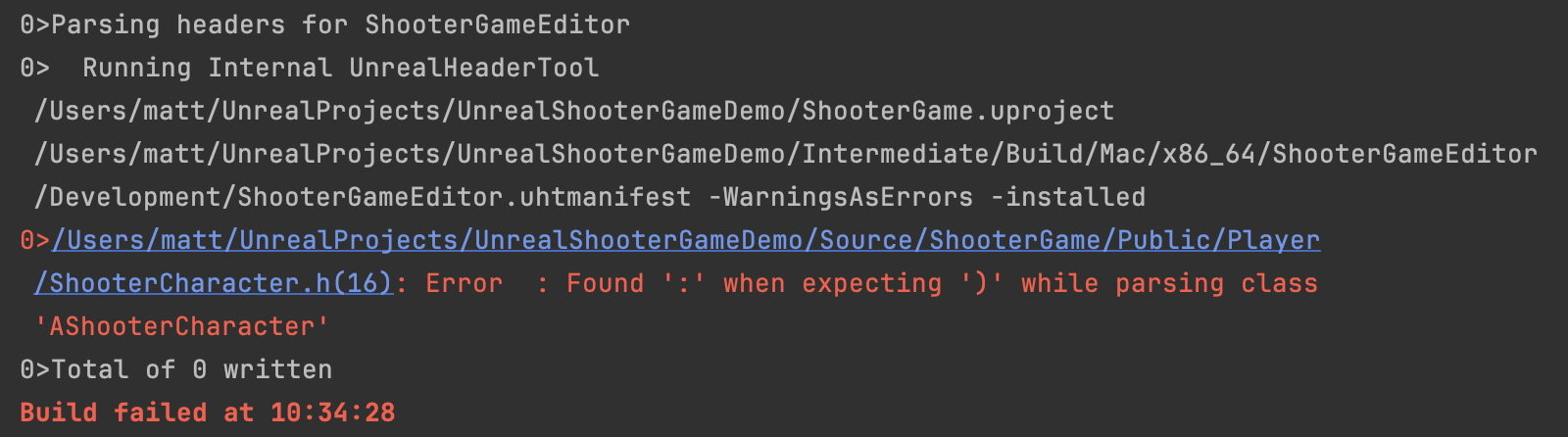 Compiler error output showing clang errors highlighted, with clickable link to navigate to file