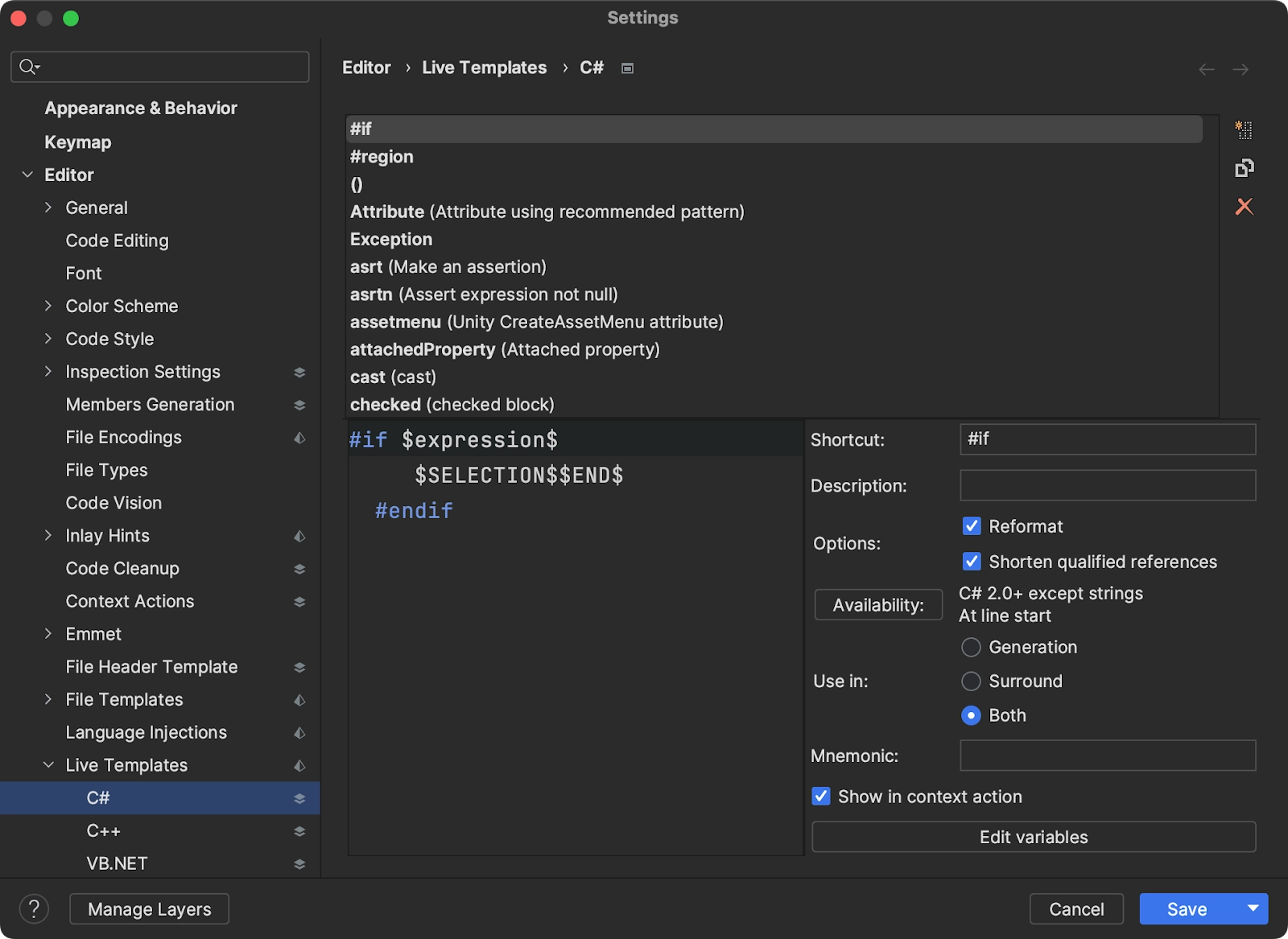 JetBrains Rider의 에디터 | 라이브 템플릿 | C# 설정