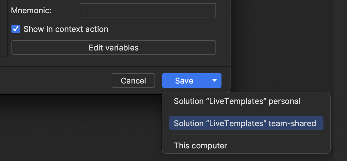 Showing the save menu in JetBrains Rider and the team-shared option.