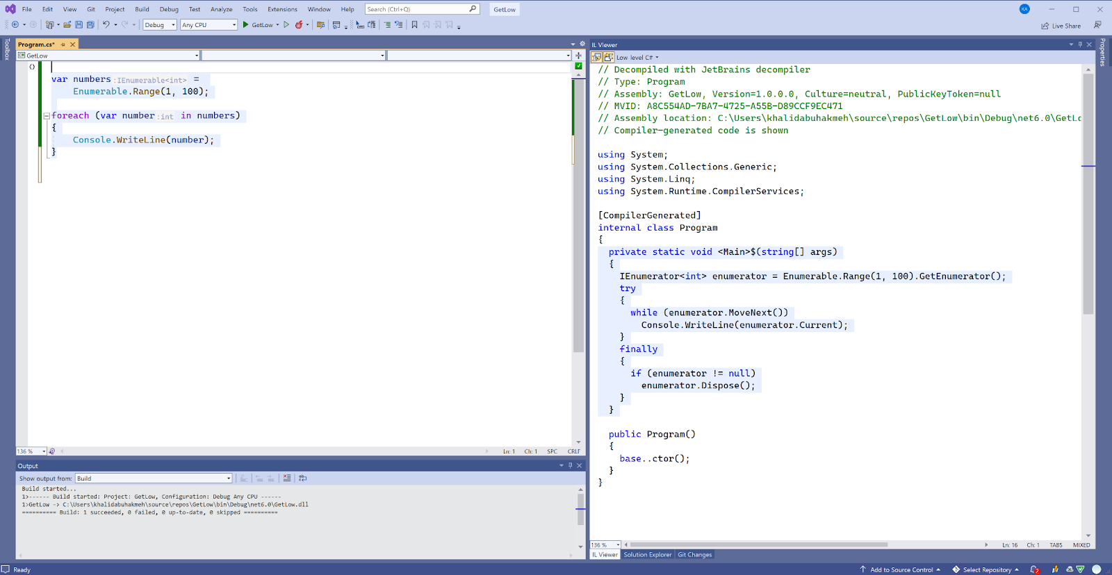 Lowering example in Visual Studio 2022 and ReSharper's IL Viewer showing a foreach loop low-level C#
