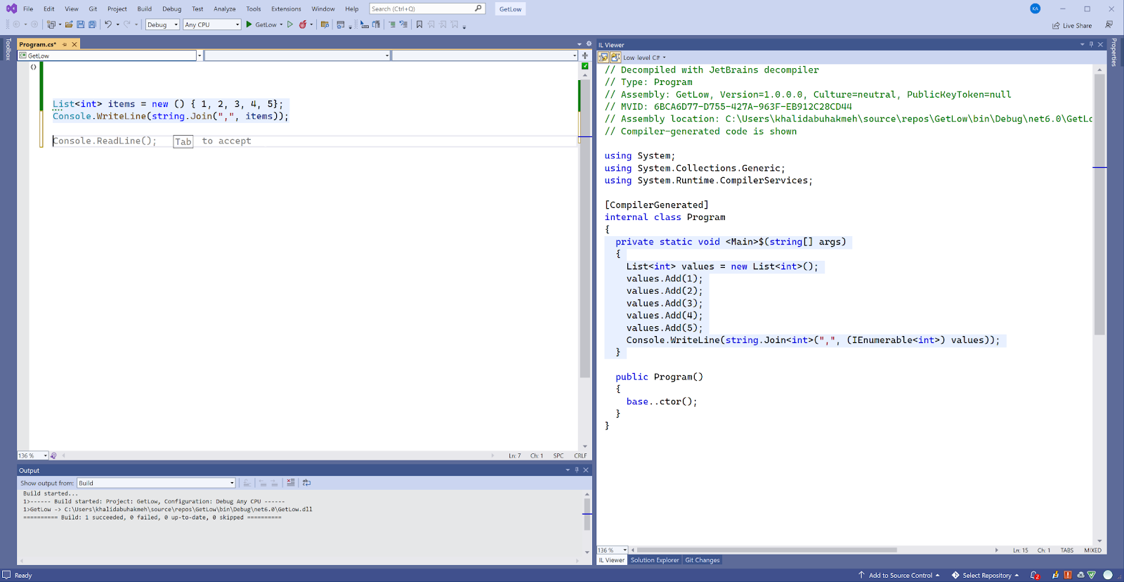 Lowering example in Visual Studio 2022 and ReSharper's IL Viewer showing a List low-level C#