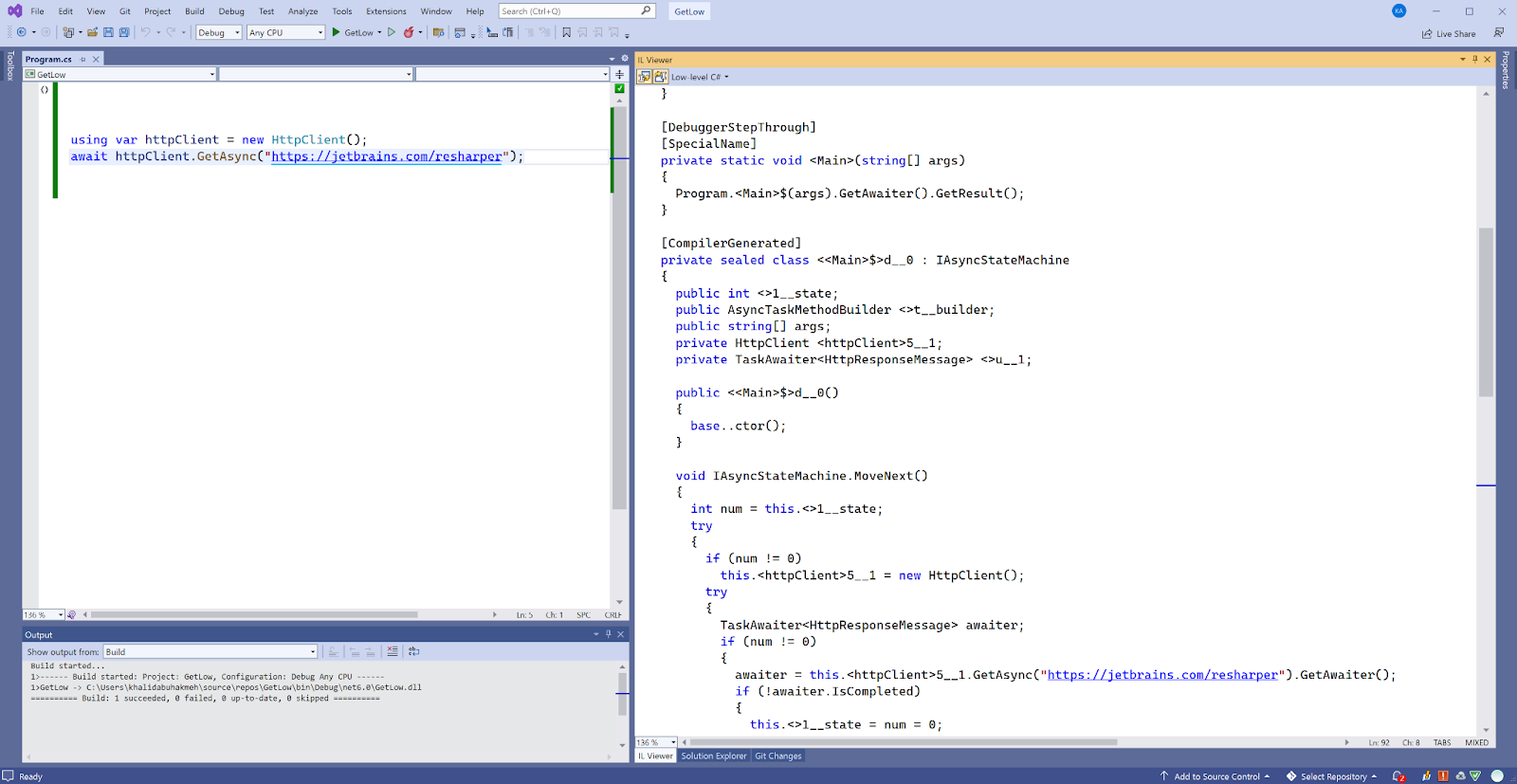 Lowering example in Visual Studio 2022 and ReSharper's IL Viewer showing an httpclient with async/await in low-level C#