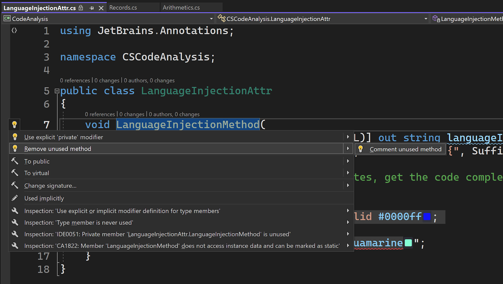 ReSharper in Visual Studio 2022 shows the quick-fix context menu with options.
