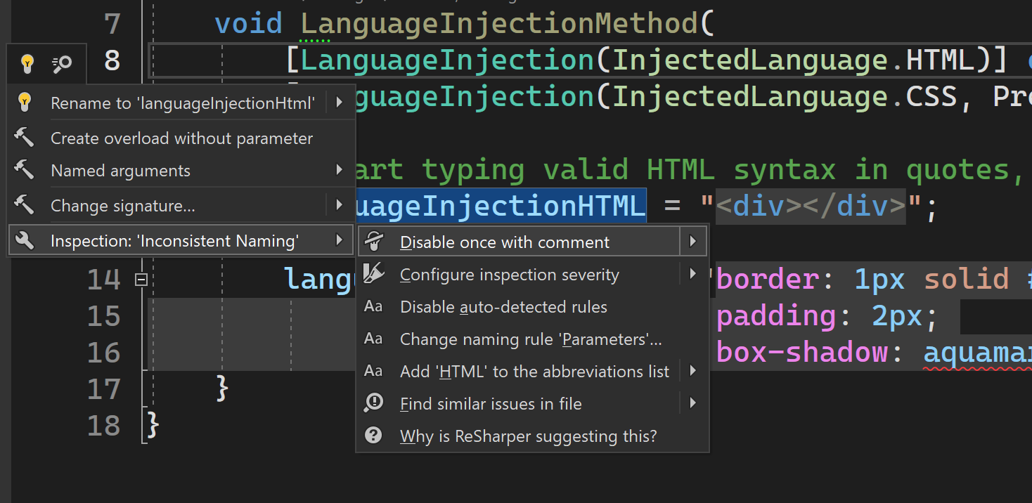 ReSharper in Visual Studio 2022 showing the Inconsistent Naming code inspection menu.