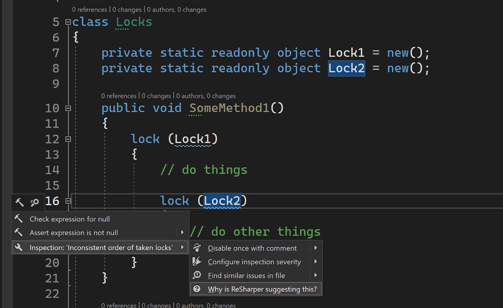 ReSharper code inspection menu showing "inconsistent order of taken locks" menu item.