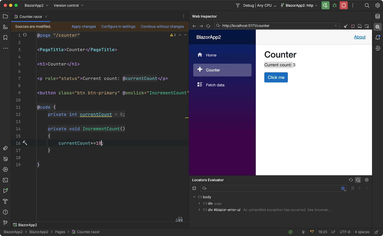 JetBrains Rider with ASP.NET Core Blazor project in Aqua Web Inspector