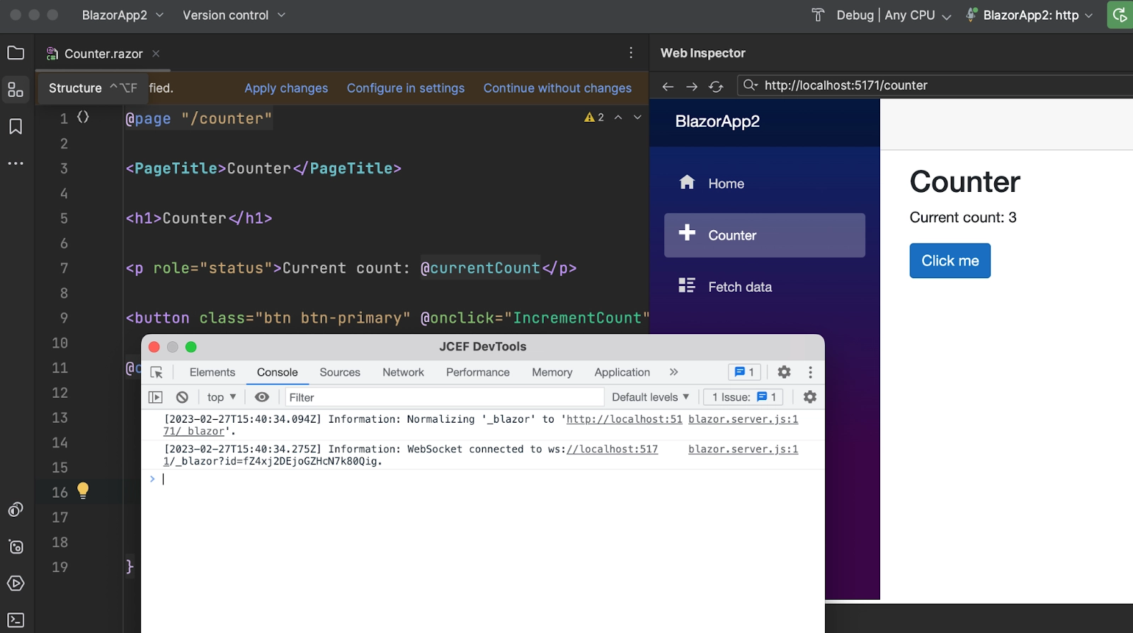 JetBrains Rider with JCEF DevTools window visible