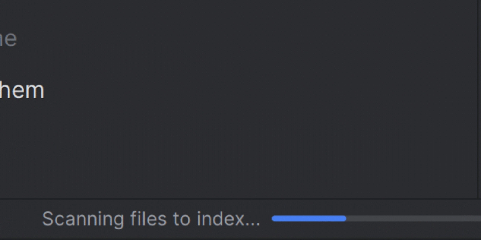 Showing the scanning files to index in action on a large project that is being opened for the second time