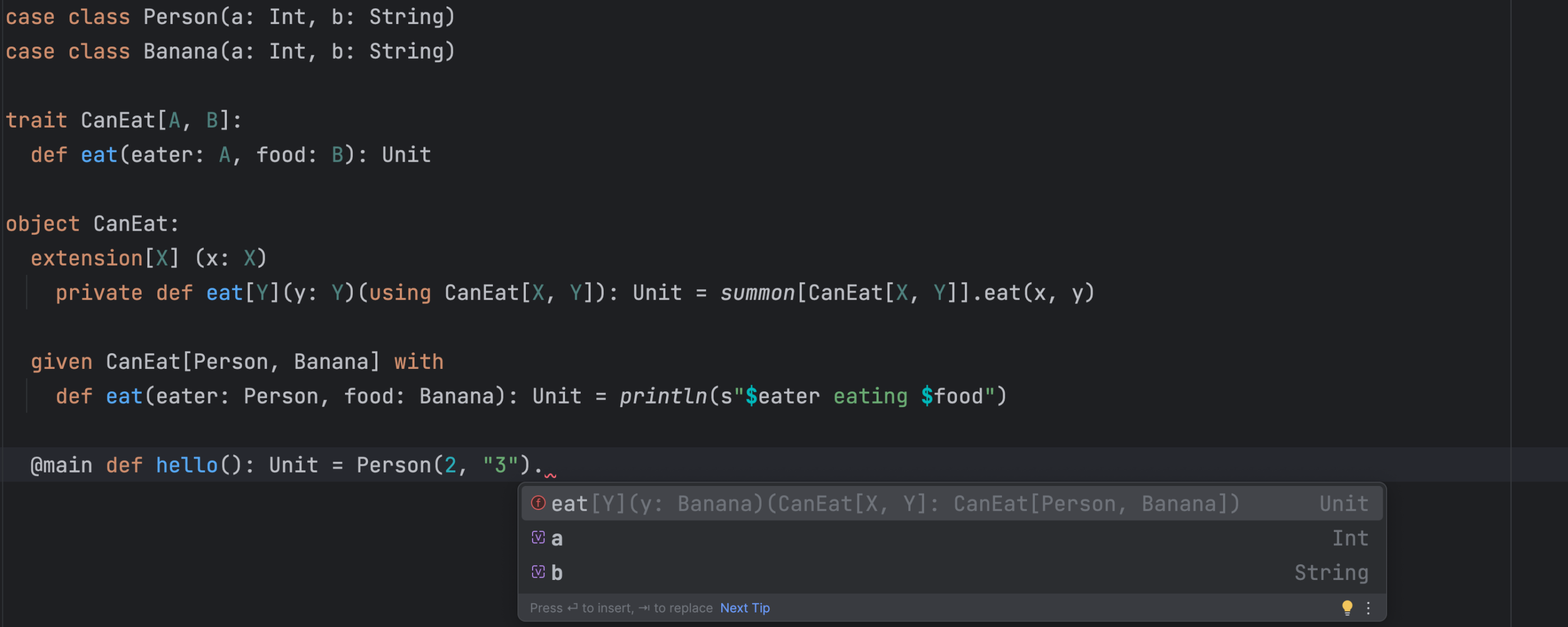 The hint shows types for the using clause inferred from the available given declaration