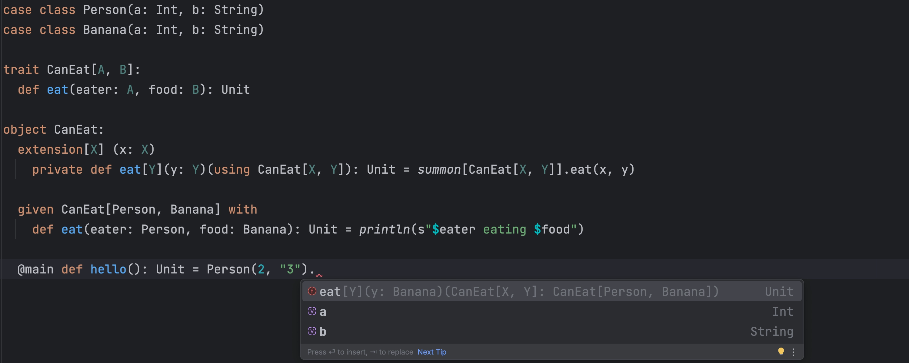 The hint shows types for the using clause inferred from the available given declaration