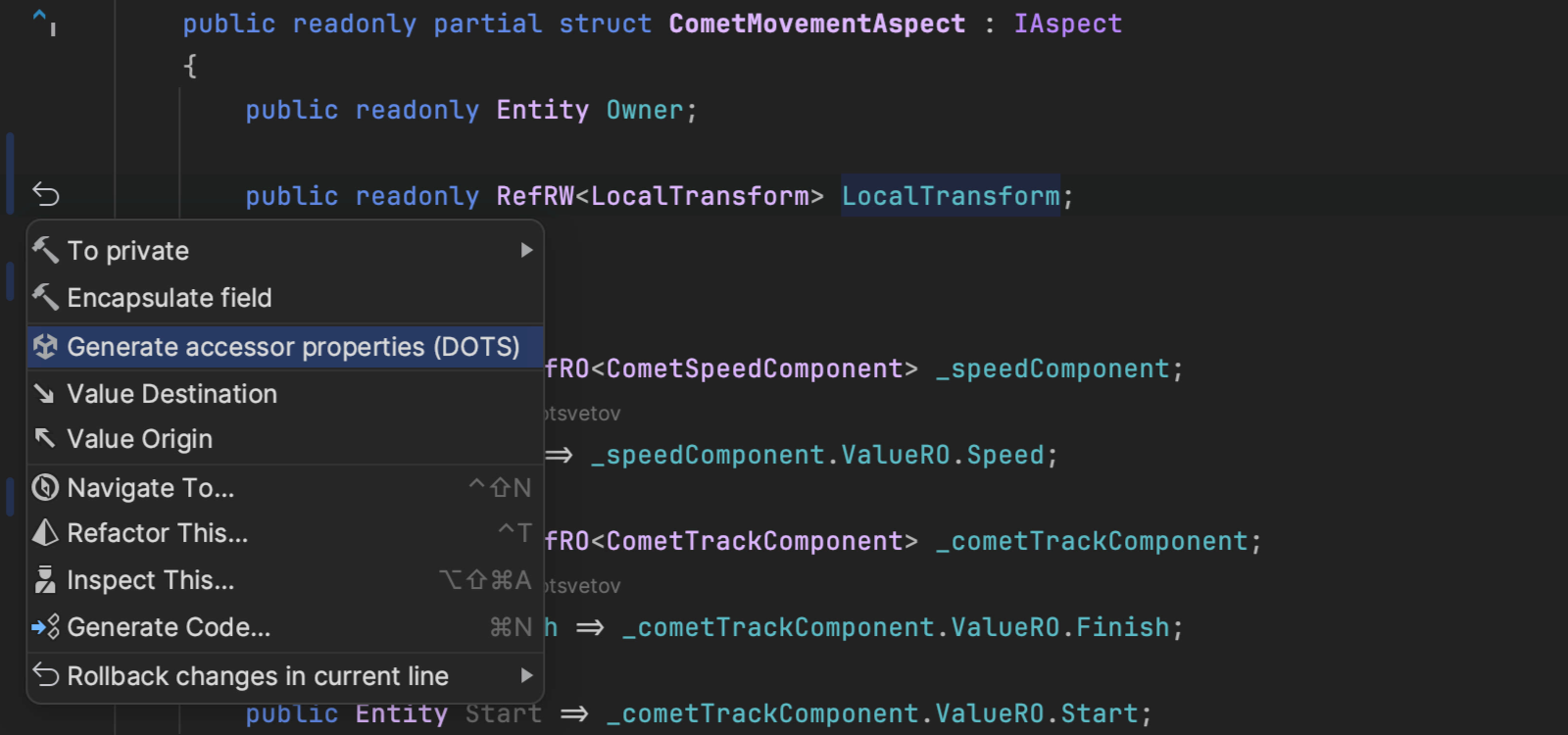 Rider generating an accessor property for a reference field in an aspect class