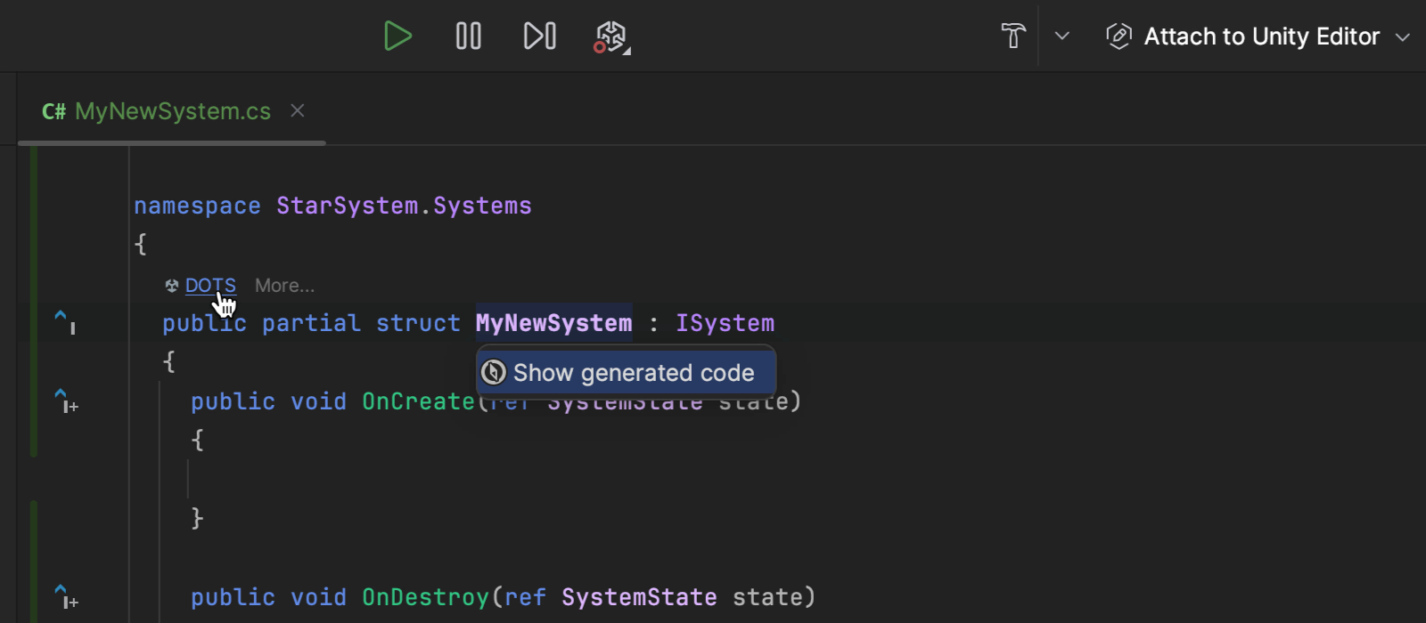 Rider showing a newly created DOTS system, with a DOTS code vision link and a menu to show generated code