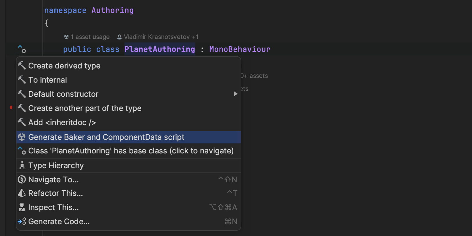 Alt+Enter menu showing Generate Baker and ComponentData option