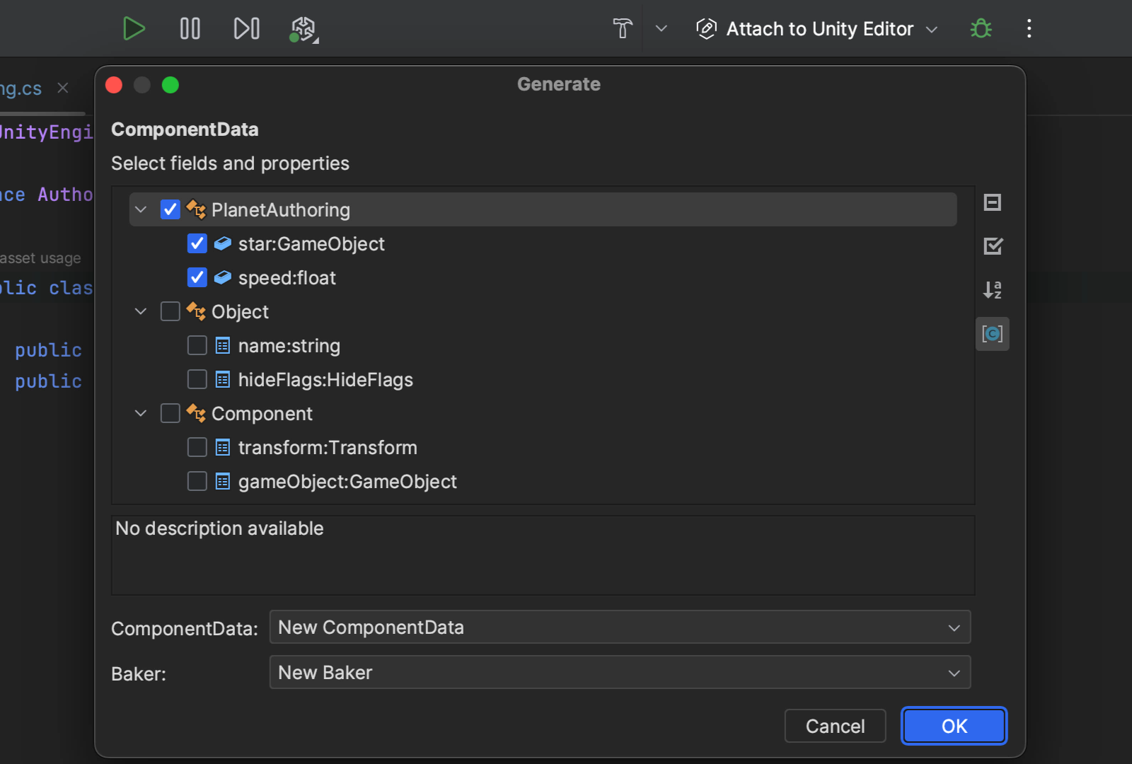 The Generate dialog used to configure generating a component data instance, with important fields selected from the authoring MonoBehaviour