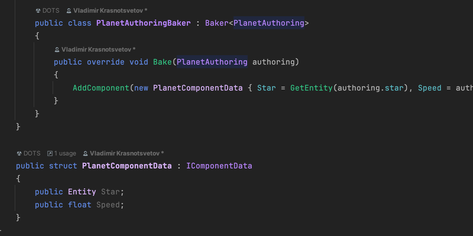 A baker class and a component data struct generated by Rider from an authoring MonoBehaviour