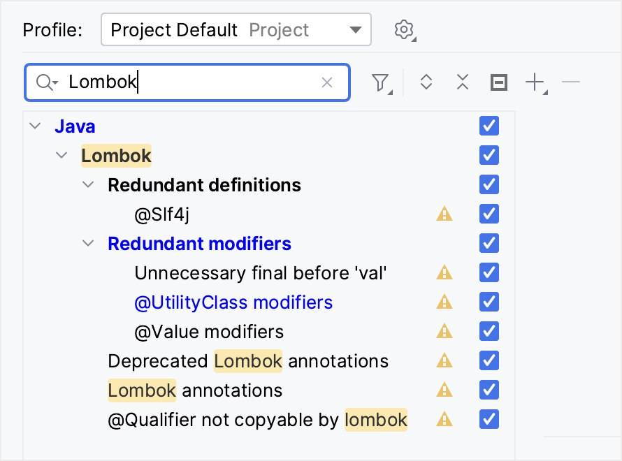 Lombok inspection settings