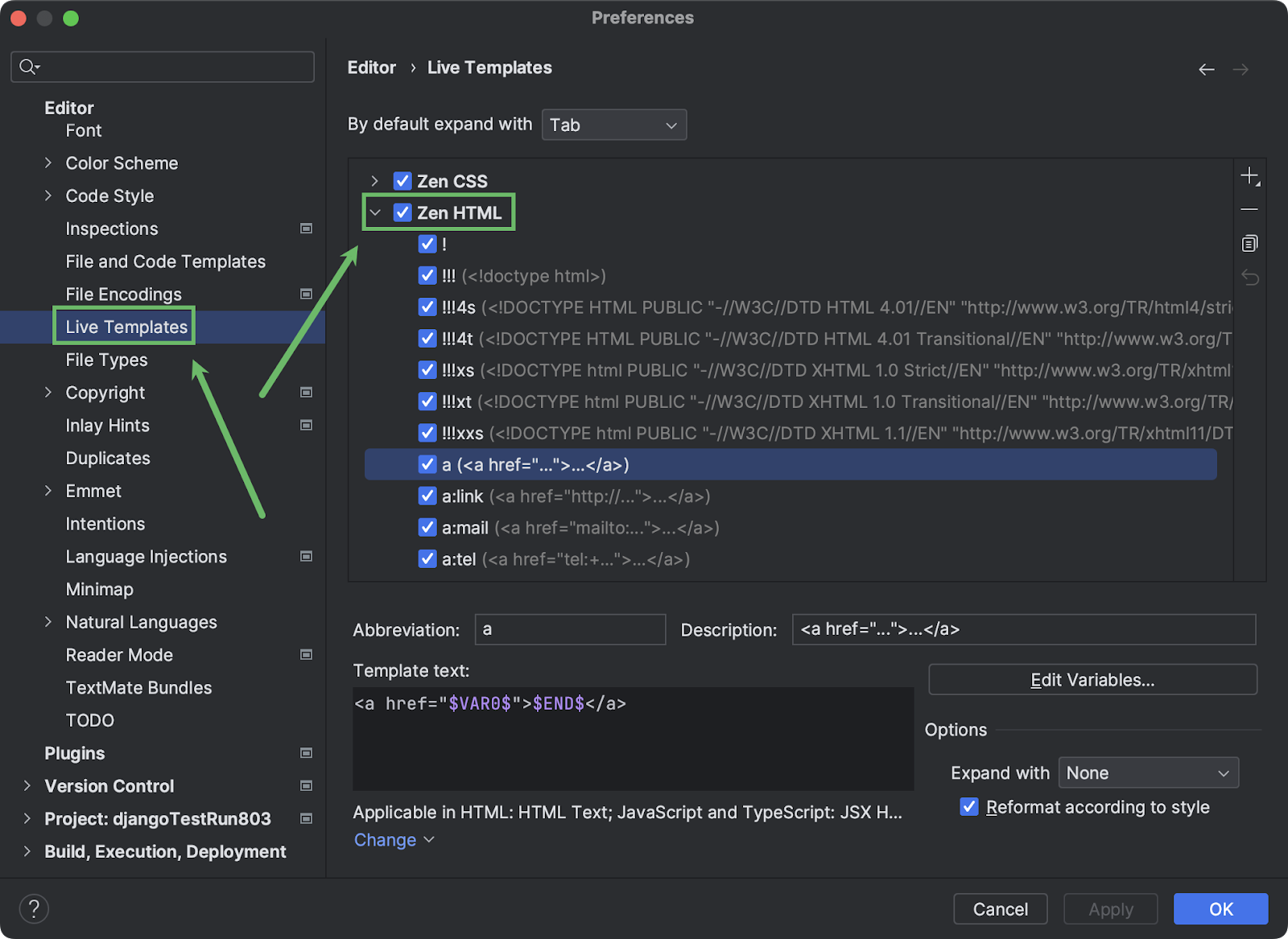 Configuring the Live Templates settings