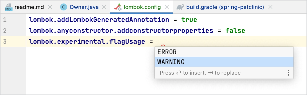 Code completion in Lombok configuration files