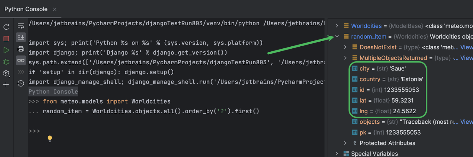 Inspection de la variable dans l'onglet Variables de la console Python