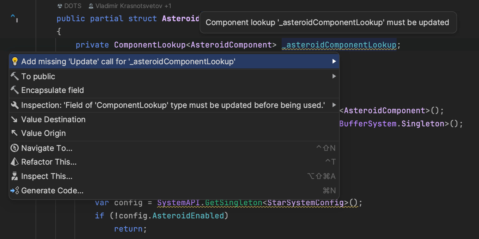 Rider showing an inspection for a ComponentLookup with a missing update call