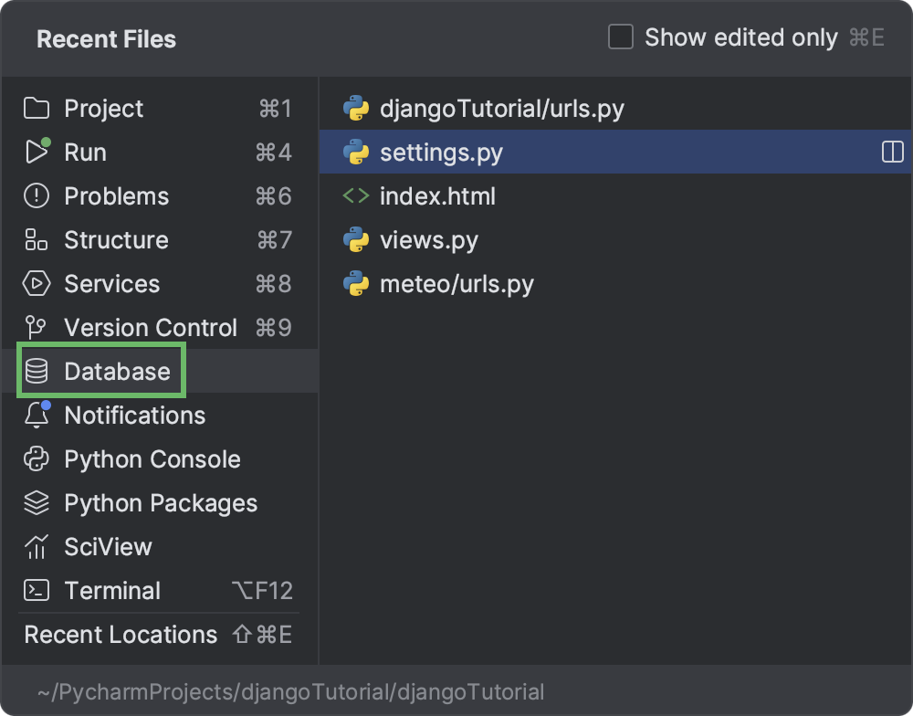 Accessing the Database tool window