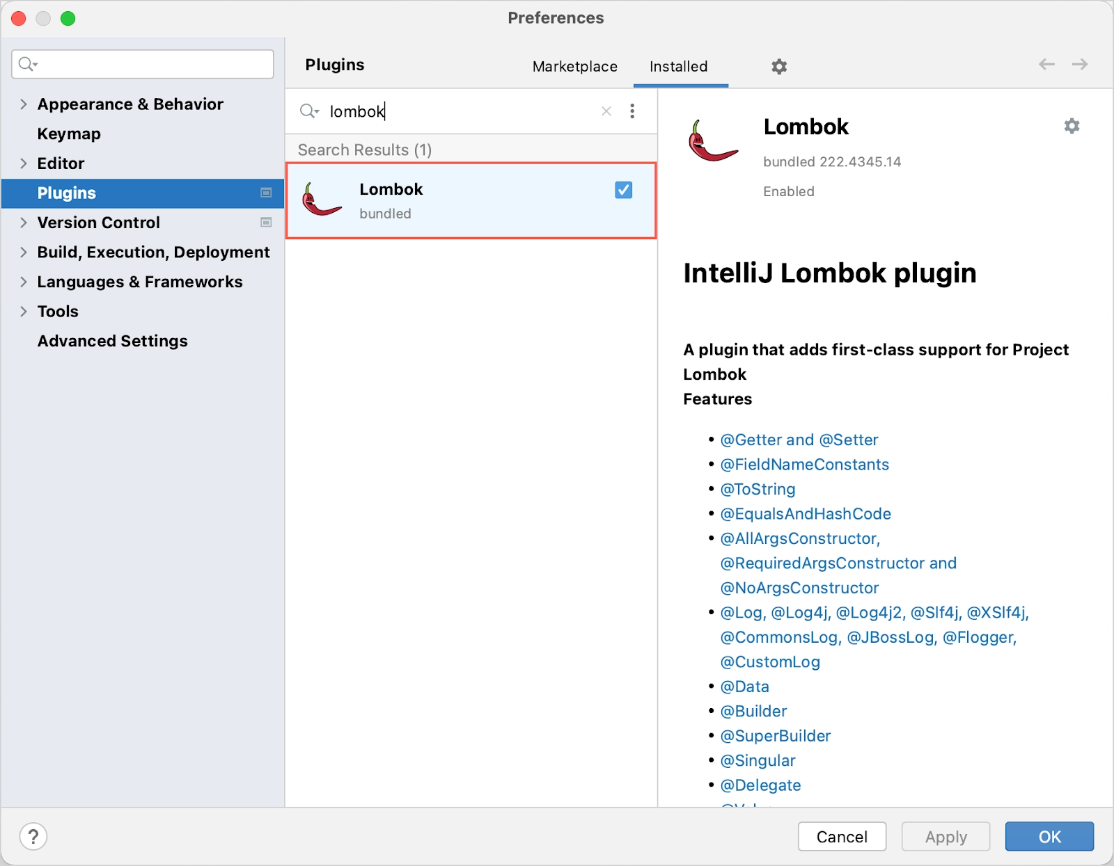 Lombok on the Plugins setting page