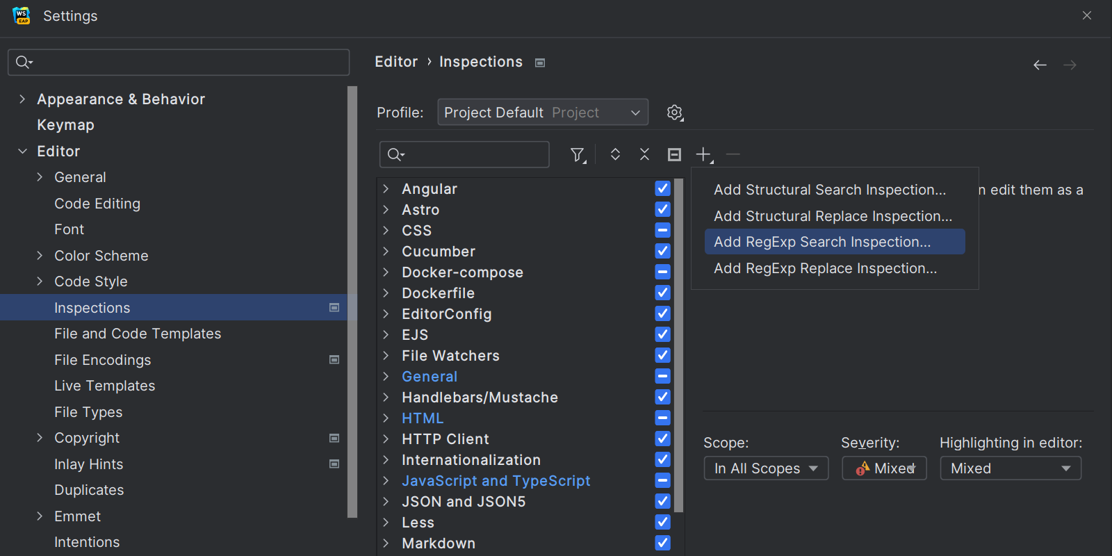 Showing the new regular expression setting for inspections